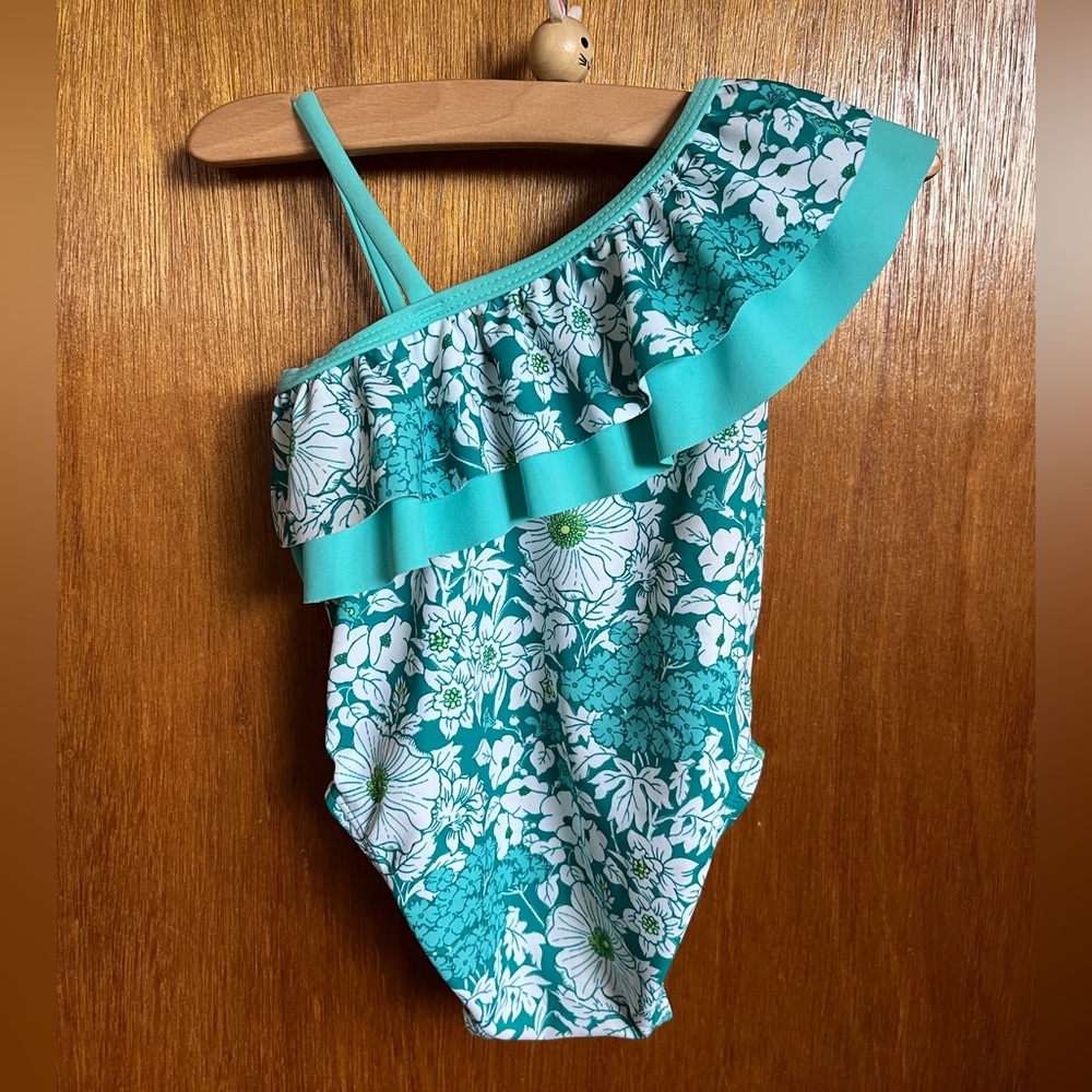 Janie and Jack Teal Floral One-Shoulder Swimsuit